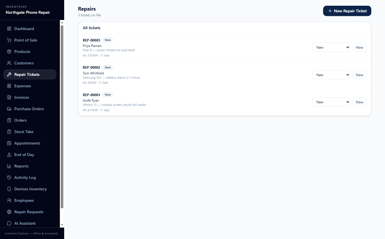 Three repair tickets listed with customer names, device faults and estimated costs